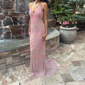 Sherri Hill Beaded Gown Pink Nude Silver